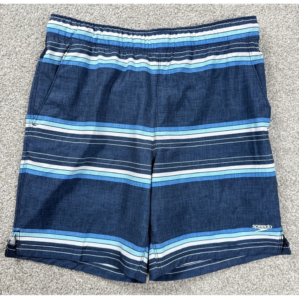 Speedo Mens Small Board Shorts‎ Blue Striped Swim Trunks Stretch Zip Pocket